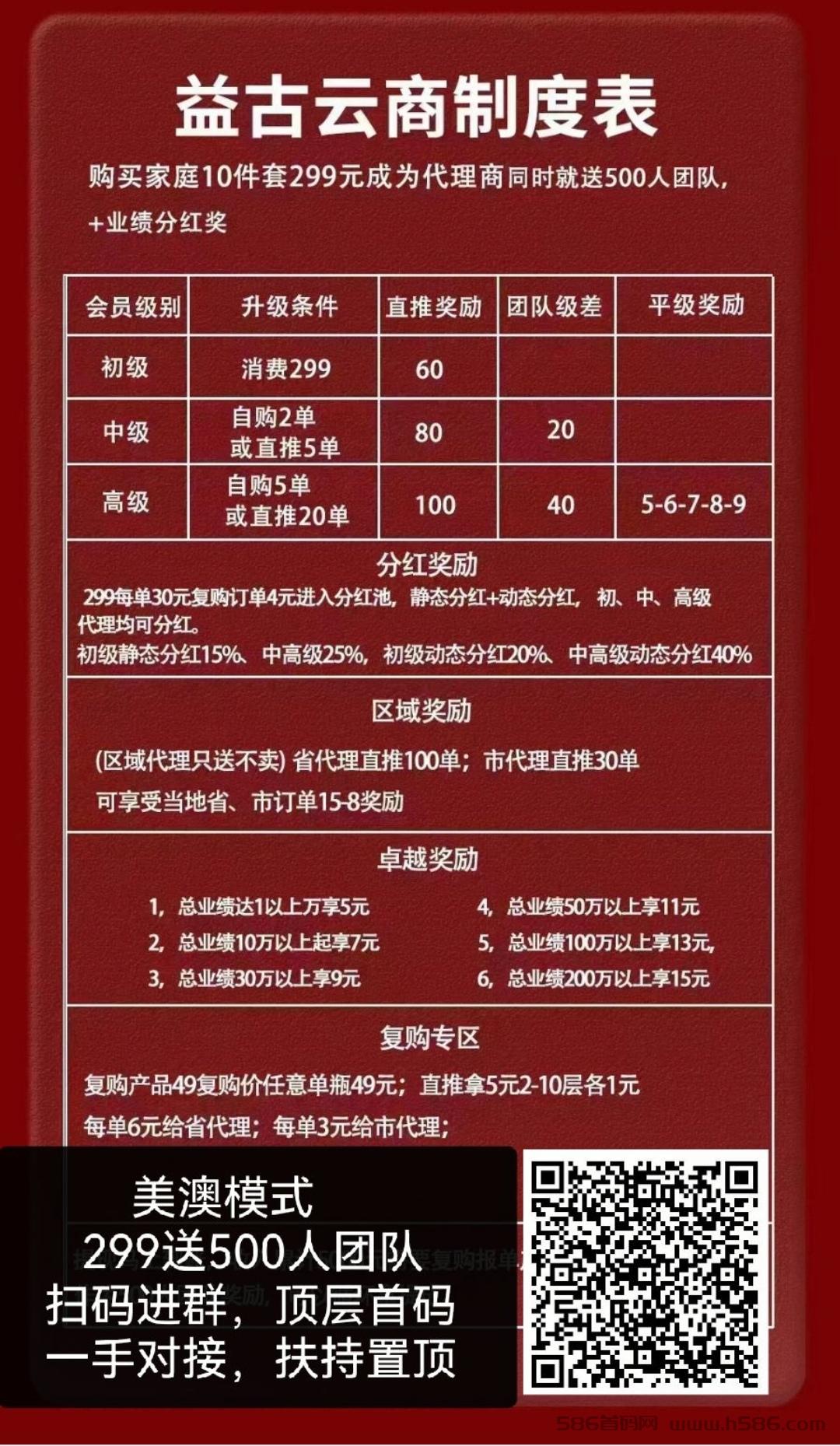 首码益古云商，美澳模式，对接实力团队长，扶持置顶