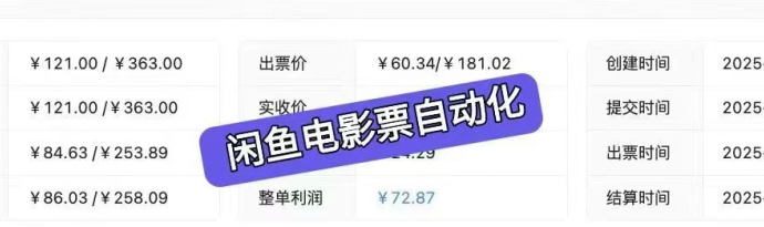 闲鱼自动化电影票G机项目：単号日收溢100+，暑期红利正当时！