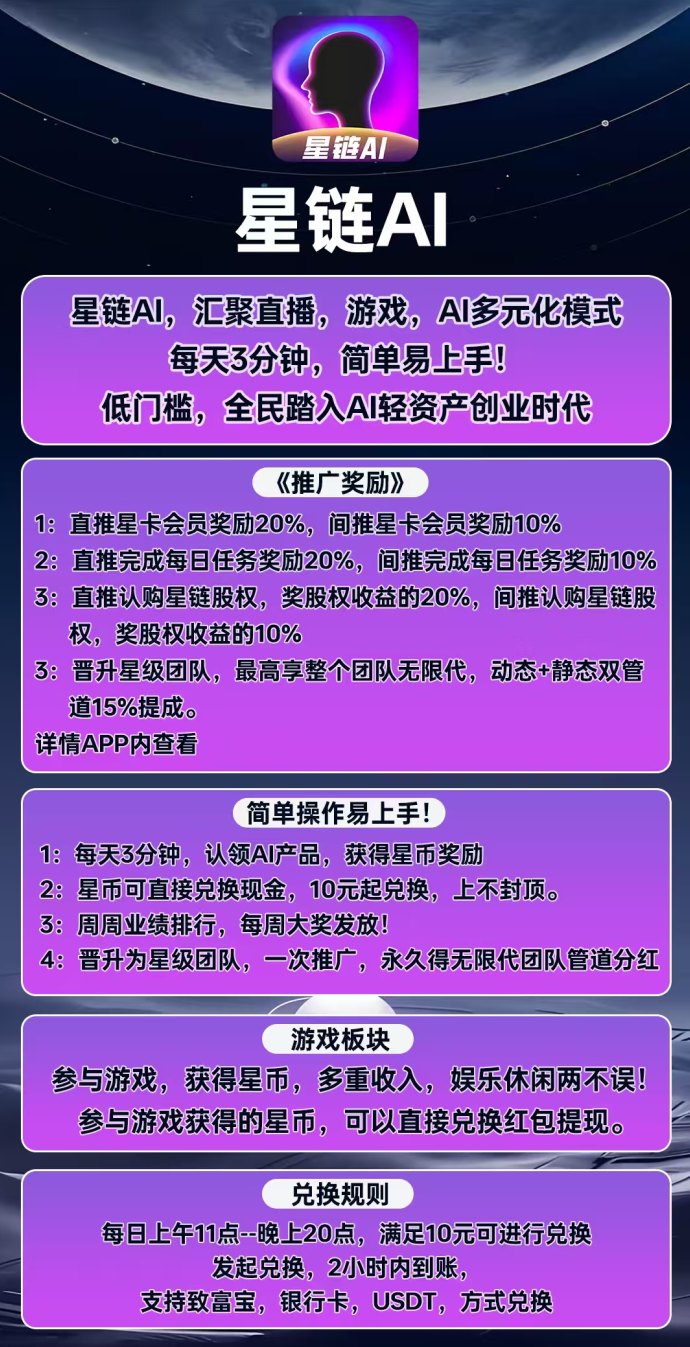 星链AI：汇聚直播、游戏、AI多元化模式，轻松赚收溢！