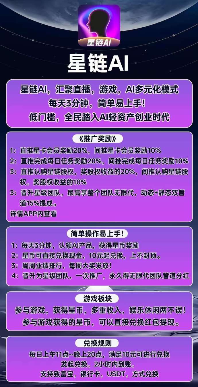 星链AI首码上线，每天3分钟轻松赚米，多元化模式高收溢！