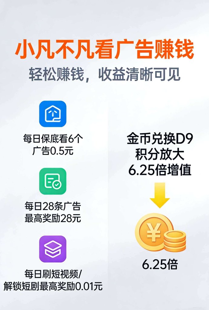 小凡不凡数字生活平台来袭！每日广告保底0.5+3x3公排九层循环奖励！