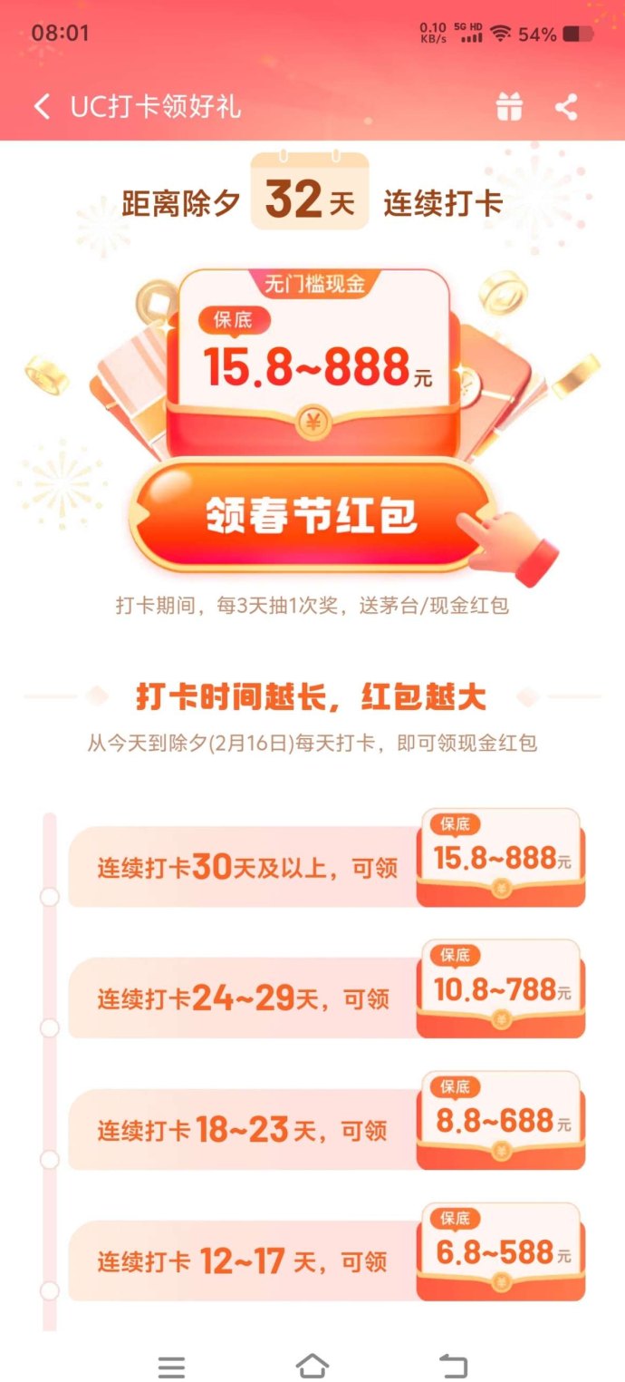 UC浏览器新春打卡福利：坚持到过年，荭包稳步累积！