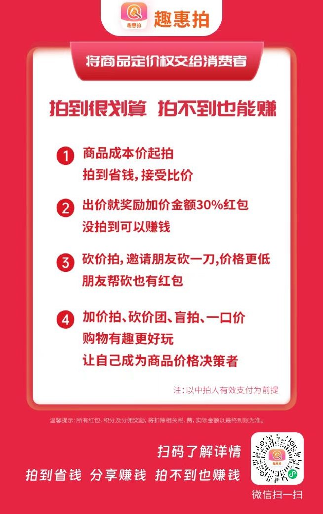 趣惠拍全新社交竞拍电商：零成本上手、拍到省钱拍不到赚钱，一键开启轻创业 ！