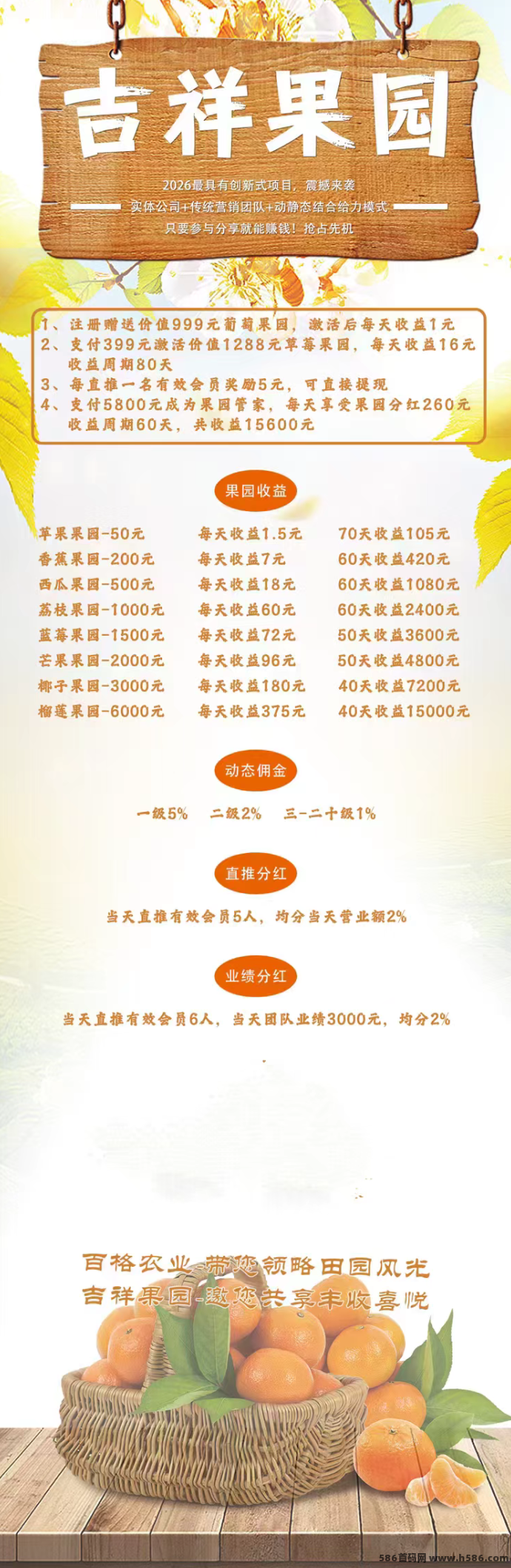 吉祥果园首码上线：零广告零任务自动收溢，苹果到榴莲果园日赚1-375圆，1圆起提秒到！