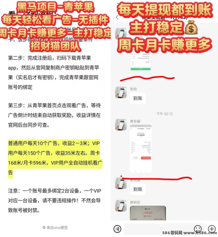 青苹果广告赚：无需养机，每日轻松赚米，开月卡更高收溢！