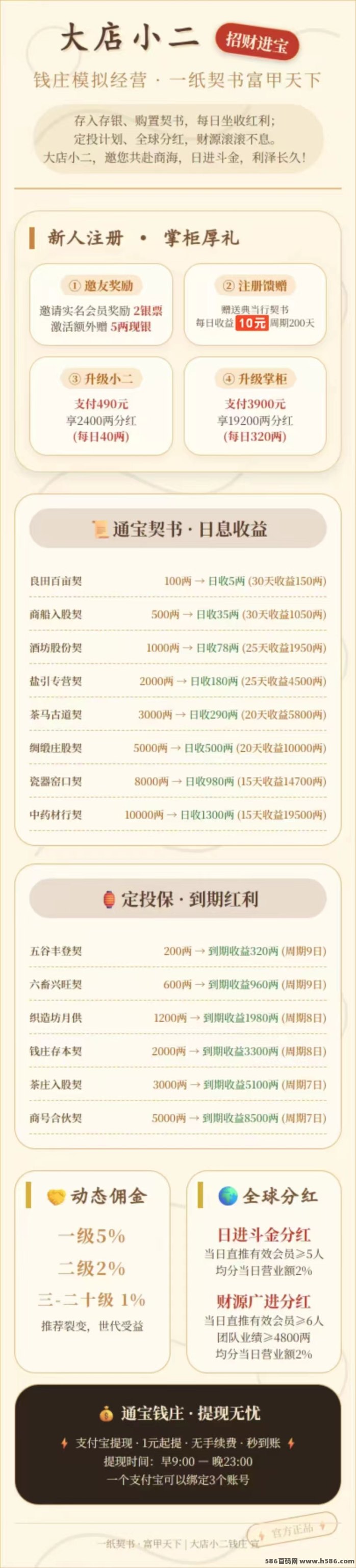 大店小二首码上线：零成本注测，送典当行每天收溢10银票！
