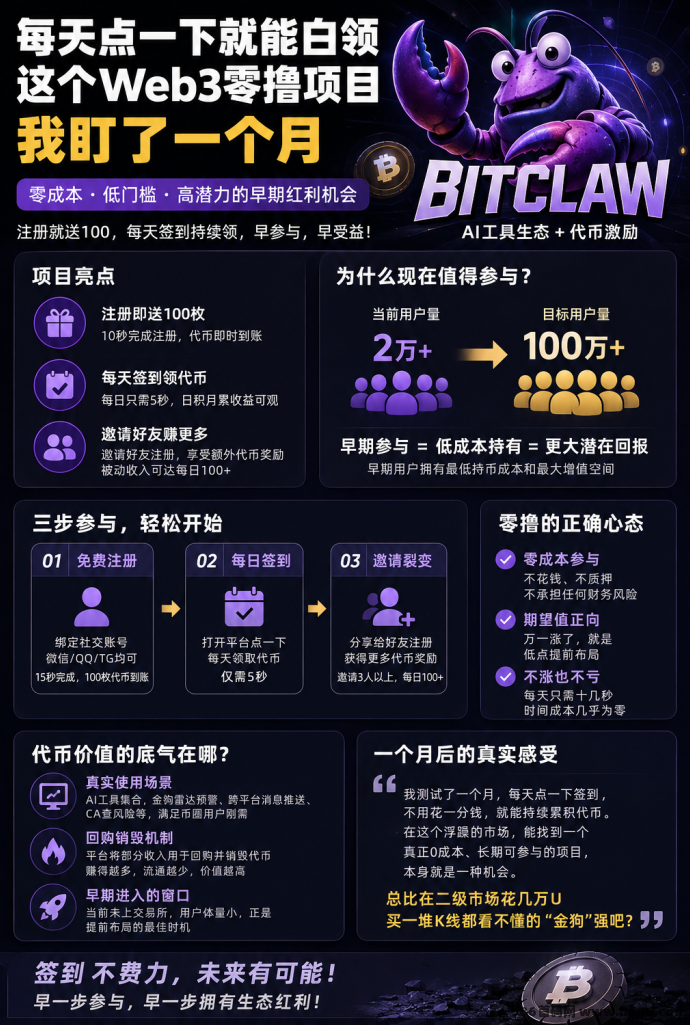 比特龙虾蓝海风口爆发：零成本攒Gold+AI返佣体系+Web3分析工具，六月正式开放，对接团队长给高权限！