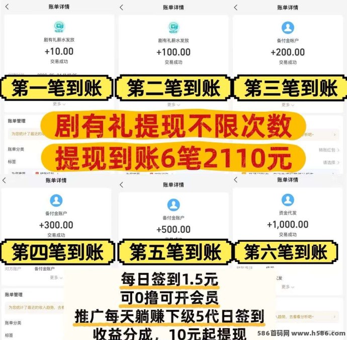 剧有礼火爆！0撸暴力玩法，每天签到1.5元，每天躺赚下级签到分成！