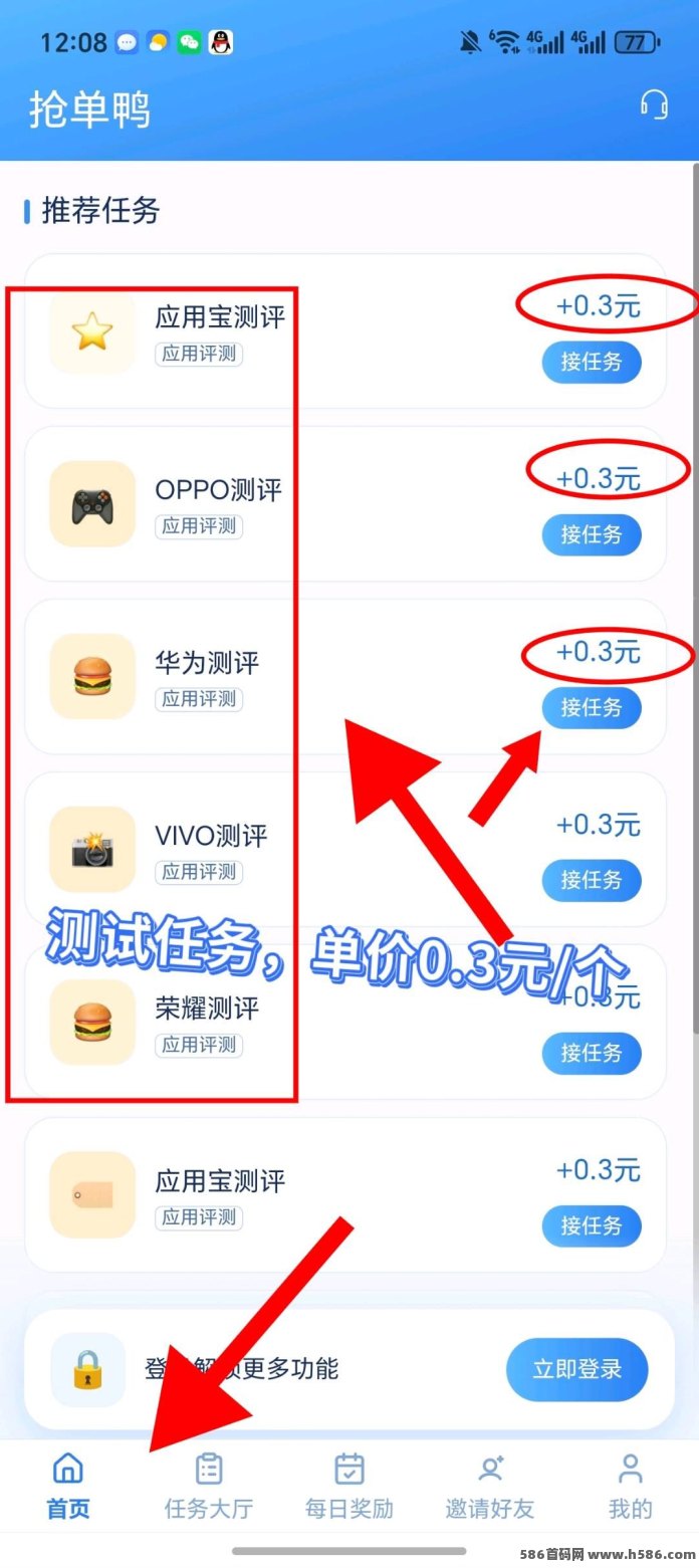 抢单鸭主要做测评任务。单价0.3元/个登录就送0.4