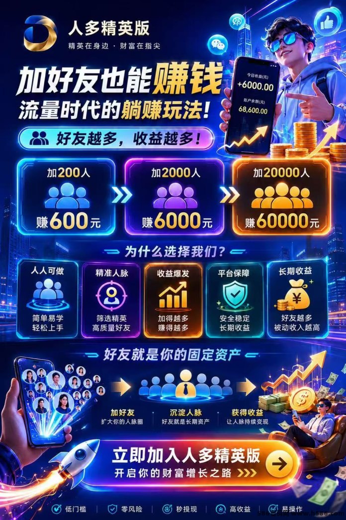 人脉圈大地震，人多精英版上线，高价值精准客户1比10裂变，20起提秒到！